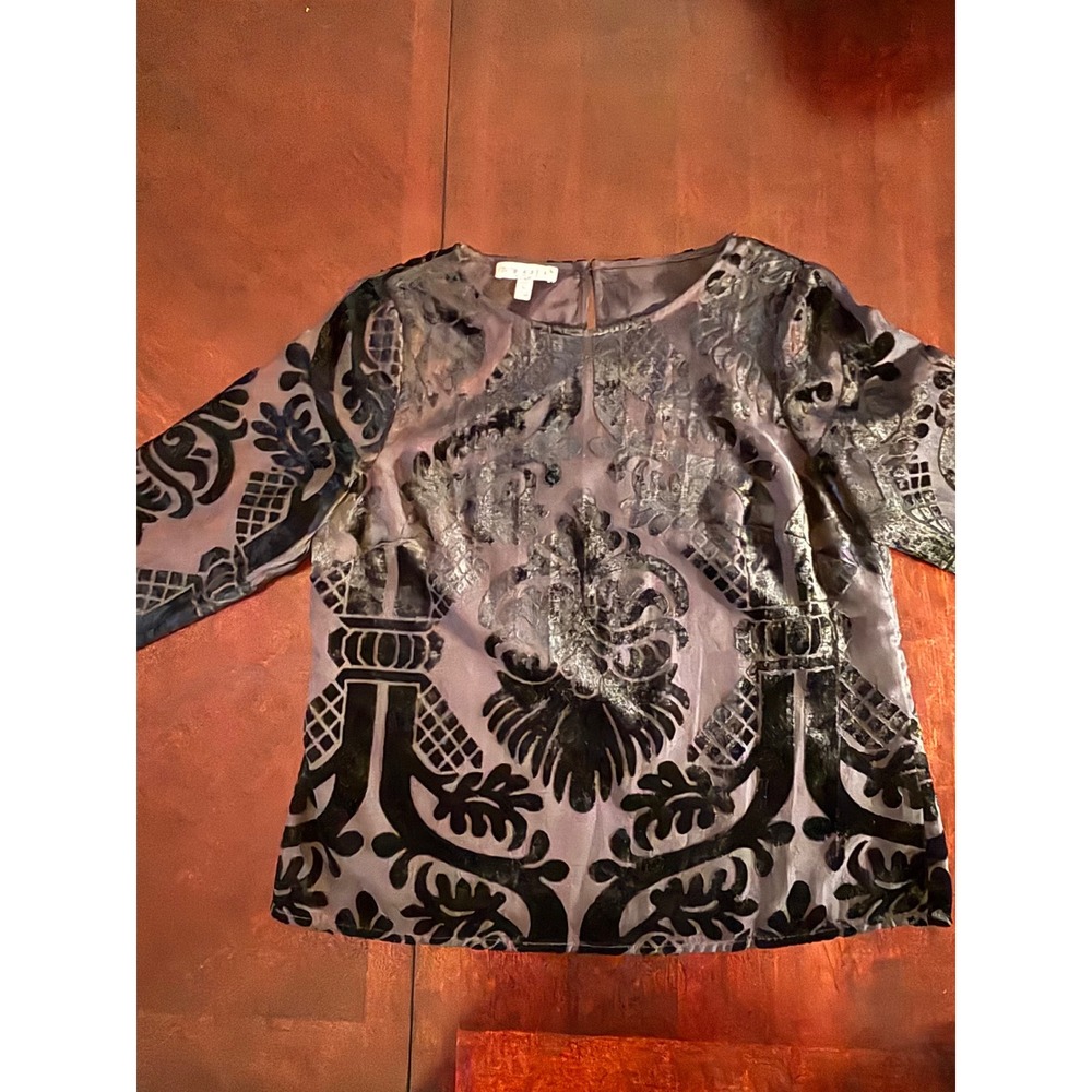 RSVP by Talbots Womens Petite Small Black Gray Velvet Damask Blouse Top